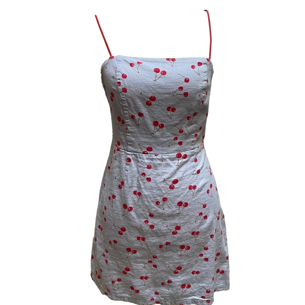 Urban Outfitters 4 Cherry Print Colette Mini Dress Linen Blend Red Blue Coquette